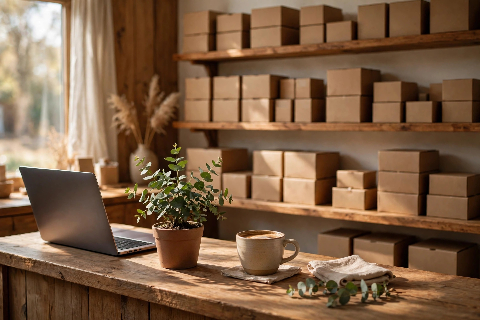 Warm photo of a cozy small shop counter with a laptop, plant and coffee, product boxes behind